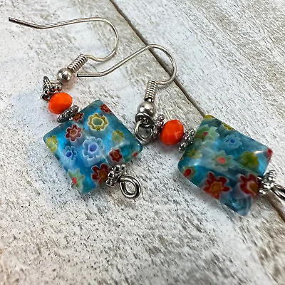 Vintage Murano Millefiori Italian Floral Glass Square Red Silver Tone Earrings • $22