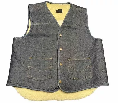 Vtg Roebucks Sherpa Shearling Lined Snap Denim Distressed Vest Men's Size Large • $22.99