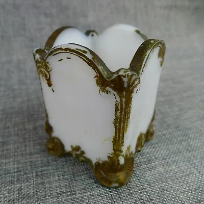 Antique Milk Glass Toothpick Holder Rococo Footed Square Crude Gold Paint • $12.75