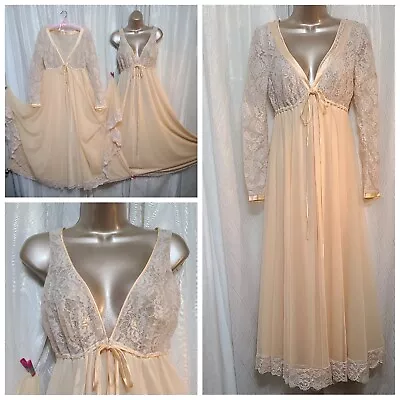 VTG 32 34 P S M LUCIE ANN Golden Peach Nylon Nightgown Lace Set FANCY TWIRLY  • $179.99