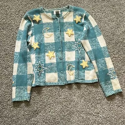 Vintage Hand Embroidered Sun Star Moon Blue Plaid Grandma Sweater Medium • $30