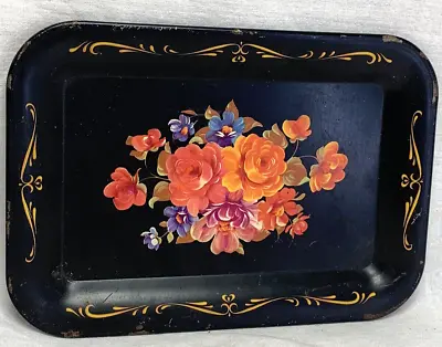 Vintage Toleware Black Metal Tray Pink Roses Hand Painted Flowers 6.75”x4.75” • $12