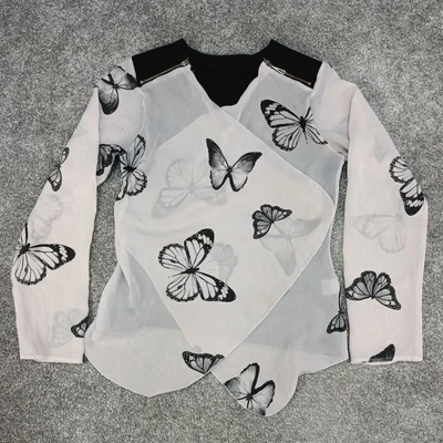 £9.99 • Buy Nude Mesh Vintage Cardigan Butterfly Wrap Over Printed Zip Shoulder Black Uk Xs