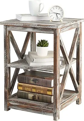 Versatile Rustic Torched Wood End Table Or Nightstand W/ 2 Shelves Storage Space • $99.99