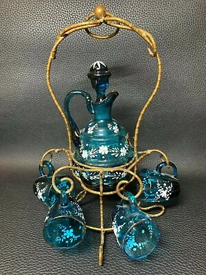 Moser Bohemian Painted Enamel Glass Decanter Ormolu Bronze Stand & 4 Cordial Mug • $272.30
