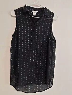 H&M Womens Casual Button Up Blouse Shirt Sleeveless Round Hem Black Size USA 4 • $9.30