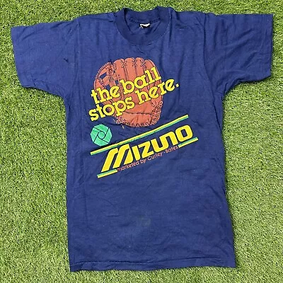 Vtg Mizuno Ball Stops Here Baseball Graphic T Shirt Adult S Navy Blue Single USA • $29.99