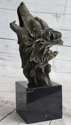 Bronze Sculpture Hand Made Statue Animal Wolf Head Bust Wild Life Garden Statue • $179.50