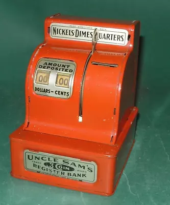 Vintage Uncle Sam's 3 Coin Register Bank Red Metal Durable Toy & Novelty WORKING • $34.99