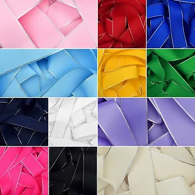 Silver Edged Grosgrain Ribbon In 12 Colours Hair Bows Craft 6mm 10mm 25mm 38mm • £1.79