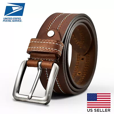 Mens Genuine FULL GRAIN Classic Leather Belt Belts Casual Jean Buckle Brown USA • $17.95