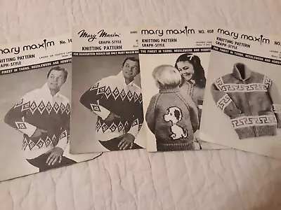 4 Vtg Mary Maxim Knit Graph Shawl Collar Sweater Jackets Bulky Adult-Kids Wear • $5