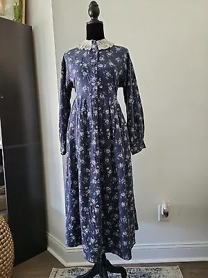 Vintage LAURA ASHLEY Blue Purple Green Teal Floral Cottage Prairie Dress Size 8 • £168.90