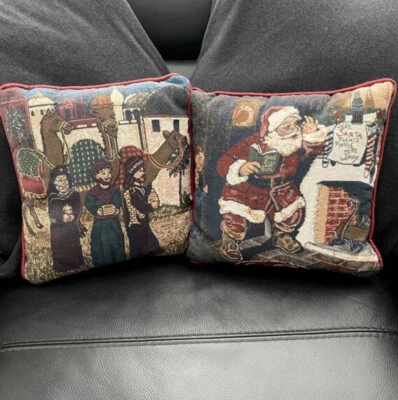 $31 • Buy Vintage Tapestry Fabric Christmas Pillows Santa Coca Cola & 3 Wisemen Camels