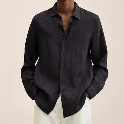 Men's Spring Long Sleeve Linen Shirt Casual Baggy Button-down Solid Tops Blouse • $19.99