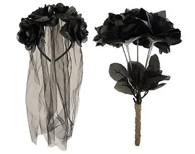 £5.45 • Buy Black Veil & Roses Set Flower Headband Corpse Bride Rose Halloween Fancy Dress