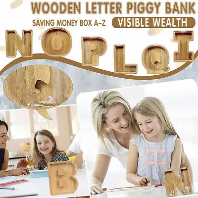 Wooden Piggy Bank Funny Letter/Guitar Coin Saving Money Box Kids Adults Gift A-Z • $18.99