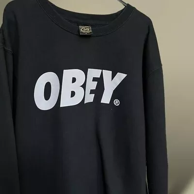 Obey Spellout Black Sweatshirt Skateboarding Streetwear Boxy Fit Size M • £17.99