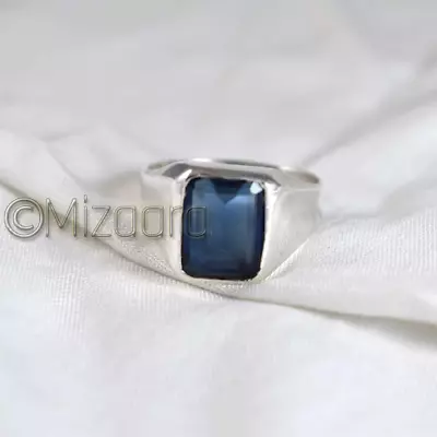 Lab Created Blue Sapphire 925 Silver Octagon Shape Gemstone Mens Signet Ring • $49.99