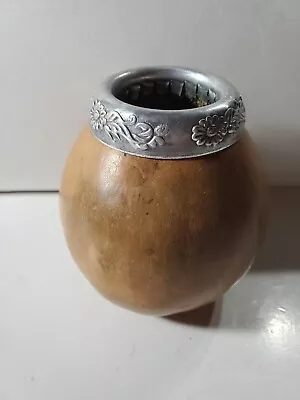 South American Mate Gourd Cup Yerba Bombilla Drinking Gourd Silver Floral Edge  • $18