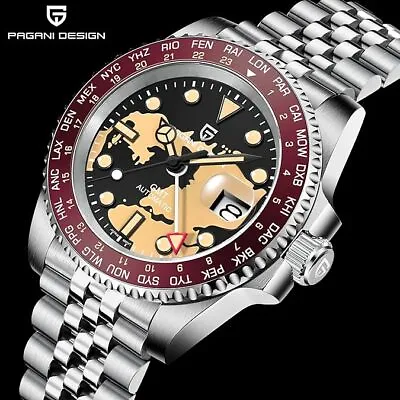 Pagani Design GMT Wristwatch Map Stainless Jubilee Homage Automatic Watch Red Bl • $150.97