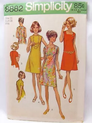 Vintage 1970 Retro Mod Dress Sewing Pattern Simplicity 8882 Size 16 Uncut • $9.97