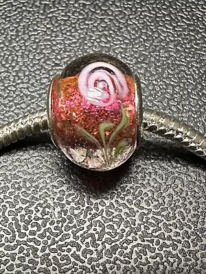 Authentic 925 Sterling Silver Glass Murano Charm Bead Translucent Pink Swirl • $6