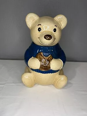 Metlox Teddy Bear Cookie Jar Ceramic Blue Sweater 11 -Vintage Poppytrail Ca. USA • $24.88