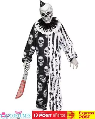 Skeleton Clown Killer Scary Halloween Mens Circus Jester Costume + Mask • $91.45