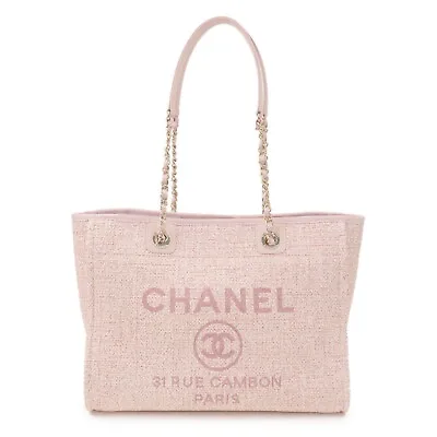 Authentic CHANEL Deauville MM Tweed Leather Chain Tote Bag Pink A67001 Used F/S • $8440