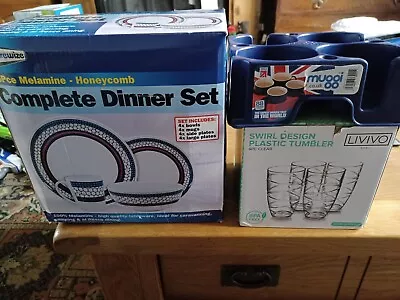 £17 • Buy Melamine Honeycomb 16pce Complete Dinner Set Plus 4 Tumblers & Muggie Mug Holder
