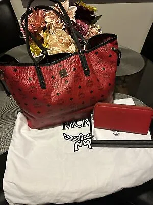 Authentic MCM Medium Reversible Liz Shopper Tote Bag  Red • $380