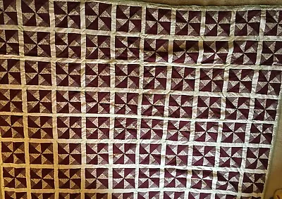 (#27) Burgundy And Sage Pinwheel Patchwork Quilt~ Hand Tied • $24.99