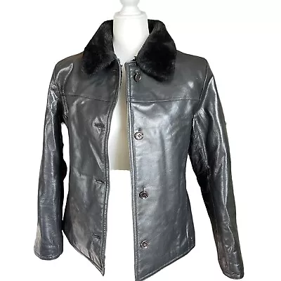 Vintage Black Fur Lined Button Front Leather Coat Albert Duke Size: L • $90