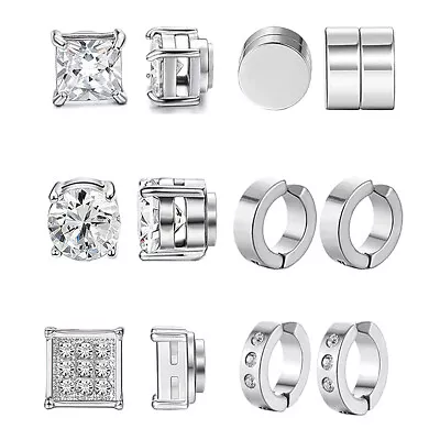 6 Pair Men Women Stainless Steel CZ Magnetic Stud Earrings Non Piercing Clip On • $9.99