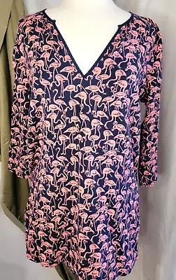 J. Crew Women's Cover-Up Tunic Top Swim Pink Flamingos On Navy 3/4 Sleeve Size L • $14.85