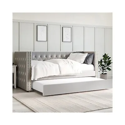 Single Day Bed Light Grey Velvet With Trundle Bed Studded Chesterfield Upholster • £309.92