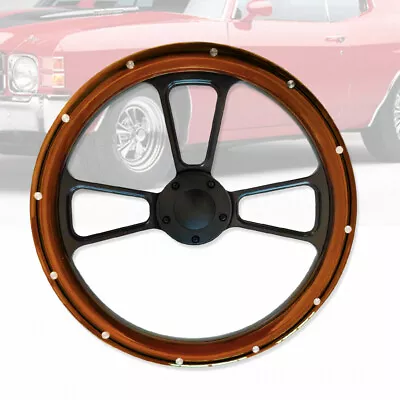 14  Black Billet Aluminum 5 Holes Steering Wheel Real Wood Mahogany W/ Button  • $109.88
