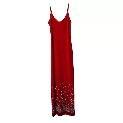 PIA X VINTAGE 90s Velvet Slip Slit Maxi Dress In Red With Sparkle Dip Hemline S • $49