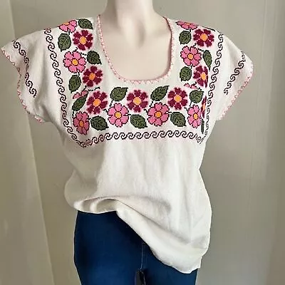 Vintage Cross Stitch Handmade Neutral Floral Farmhouse Mexican Granny Core Top • $27