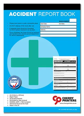 Cherry GDPR First Aid Accident Report Book A5 (148mm X 210mm) 50 Page RIDDOR HSE • £5.79