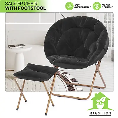 Faux Fur Folding Lounge Saucer Chair Black Oversized Moon Chair W/Footrest Stool • $72.99
