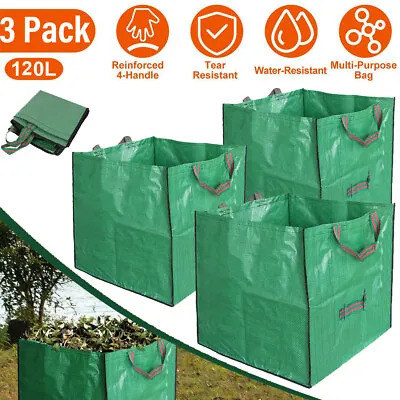 3x Heavy Duty 120L Reusable Garden Waste Bags With Gloves Waterproof Refuse Sack • £10.99