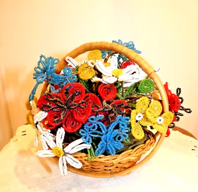 Vintage Glass Seed Beaded Flowers In Wicker Basket -Vibrant Colorful • $19.99