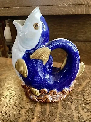 Vintage Wanjiang Fish Pitcher Nouveau Majolica China Blue & White • $24