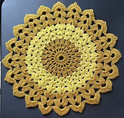 Vintage Large Hand Crocheted Doily Yellow Gold 20.25” Retro Table Centerpiece • $9.89