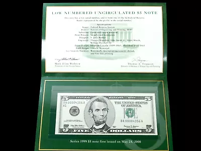 1999 $5 Deluxe Low Numbered Uncirculated Federal Reserve Note In BEP Package • $10.51