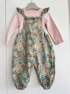 Baby Girls 3-6 Months NEXT Dungarees Outfit Pink Green Flowers Nature GC • £7.99