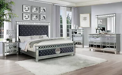 NEW Modern 5PC Gray Velvet Mirrored Queen King Bedroom Set Furniture B/D/M/N/C • $2199.99