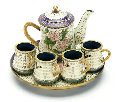  Vintage Chinese Enamelware Cloisonne Miniature Tea Set With 6 Pieces. Unusual. • $59.99